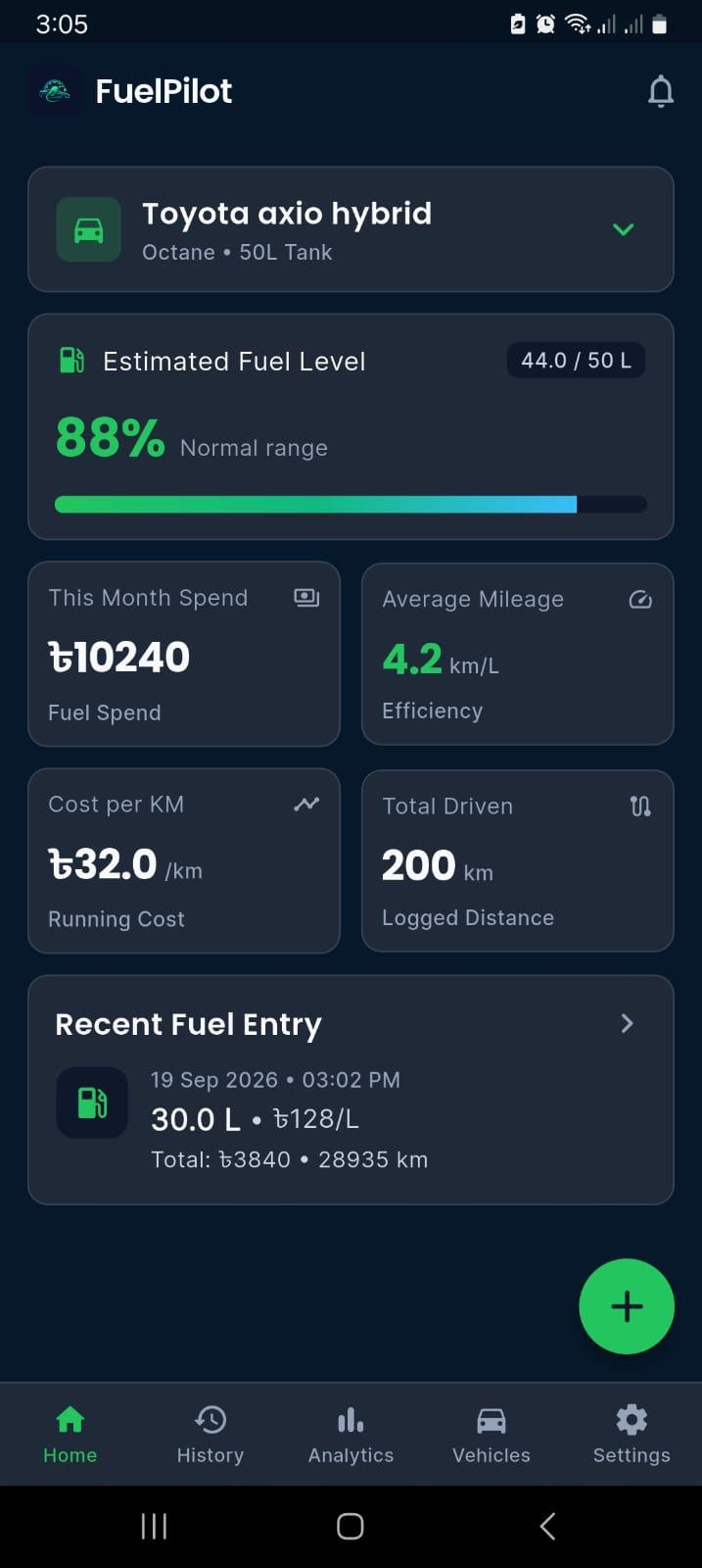 Fuel Pilot App Home Dashboard
